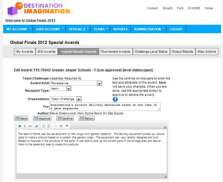 Edit special award for Global Finals