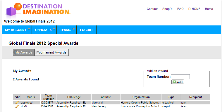 My Awards screen