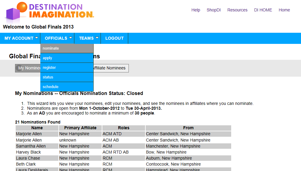 Nominating officials for Global Finals