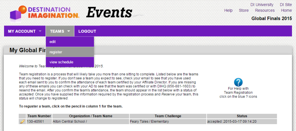 Registering a team for Global Finals