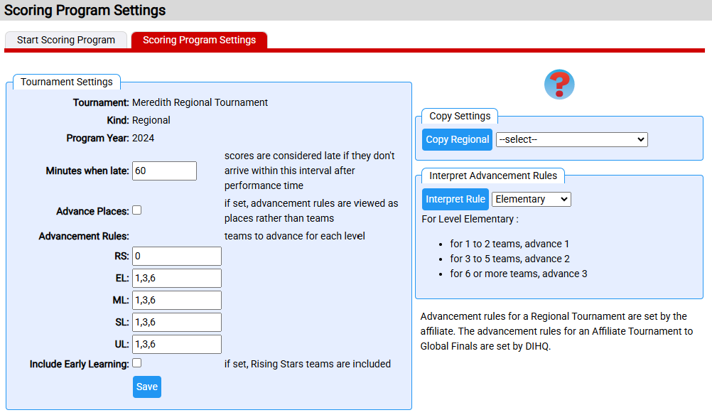 Scoring Program settings in the Resource Area