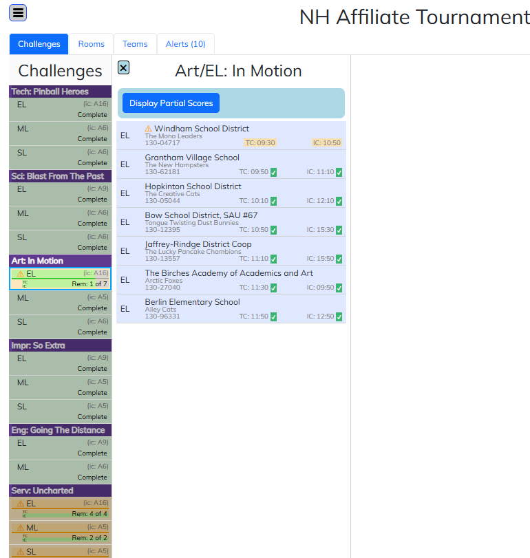 Challenge room list of teams in the Web Scoring Program